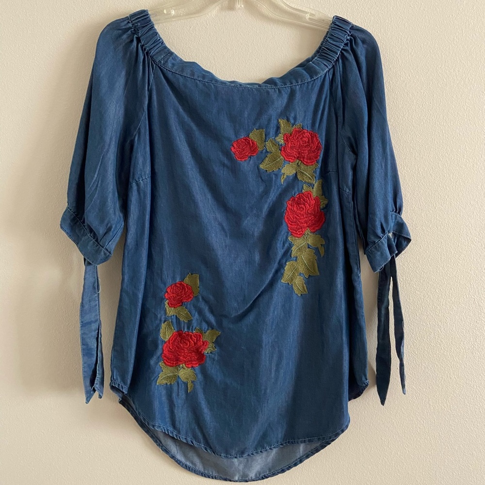 Blue Blouse with Stitched Roses